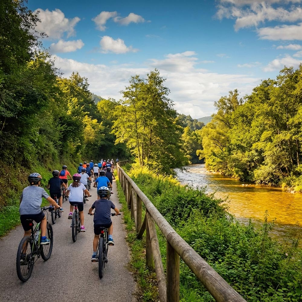 Grupo de niños en la Senda del Oso en bici