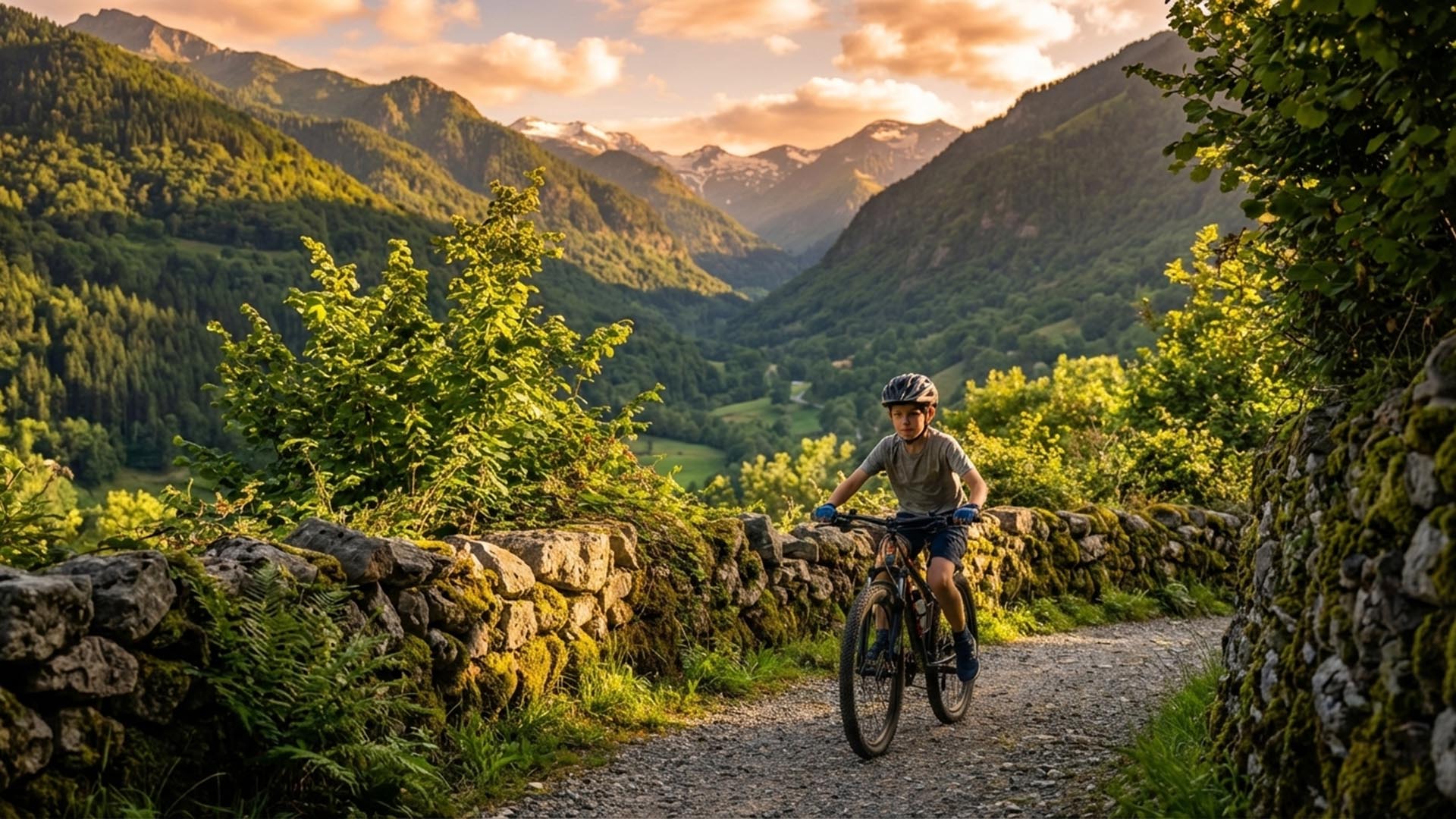Niños en bicicleta en la Senda del Oso, Asturias