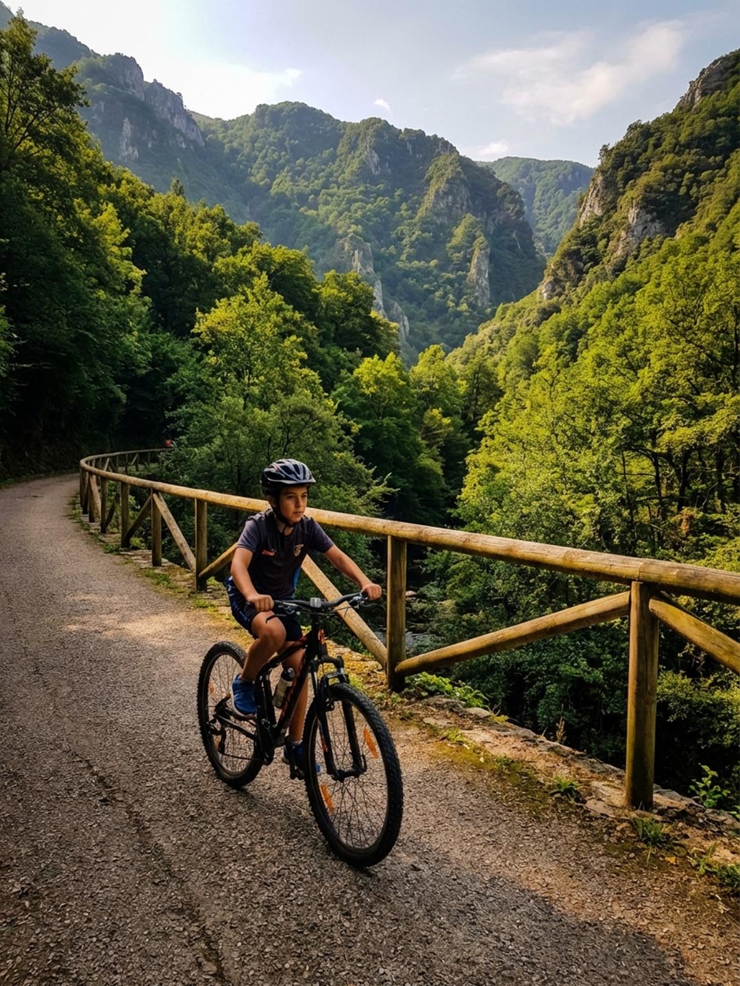 Familia con niños en bicicleta por la Senda del Oso